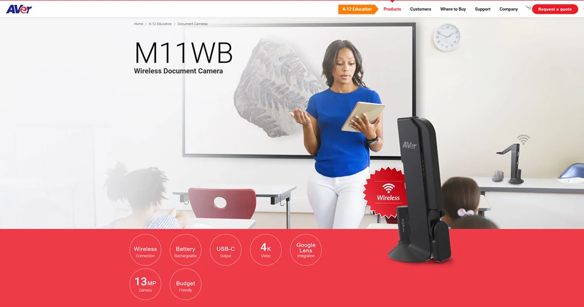 VISUALIZADOR AVER M11WB 13MP USB/WIRELESS 4K30 29X ZOOM