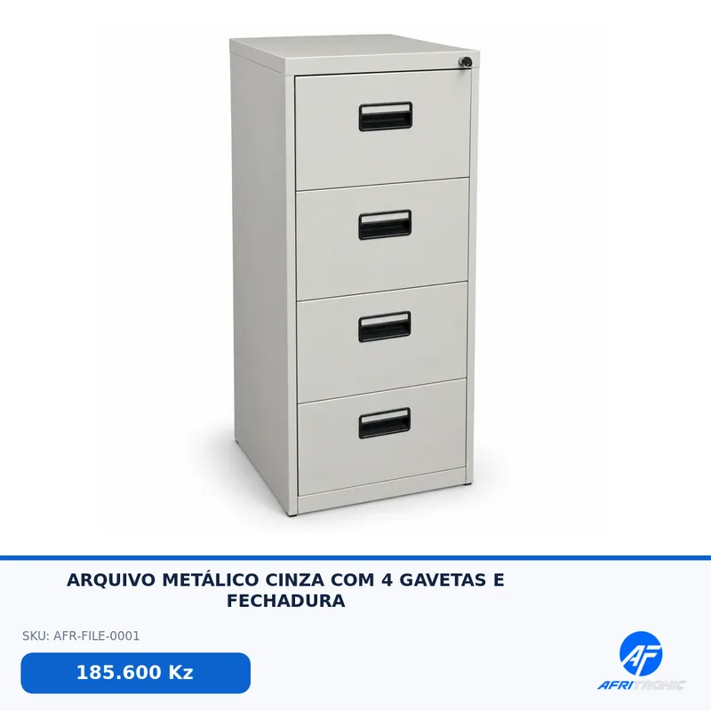 ARQUIVO METÁLICO CINZA COM 4 GAVETAS E FECHADURA — foto