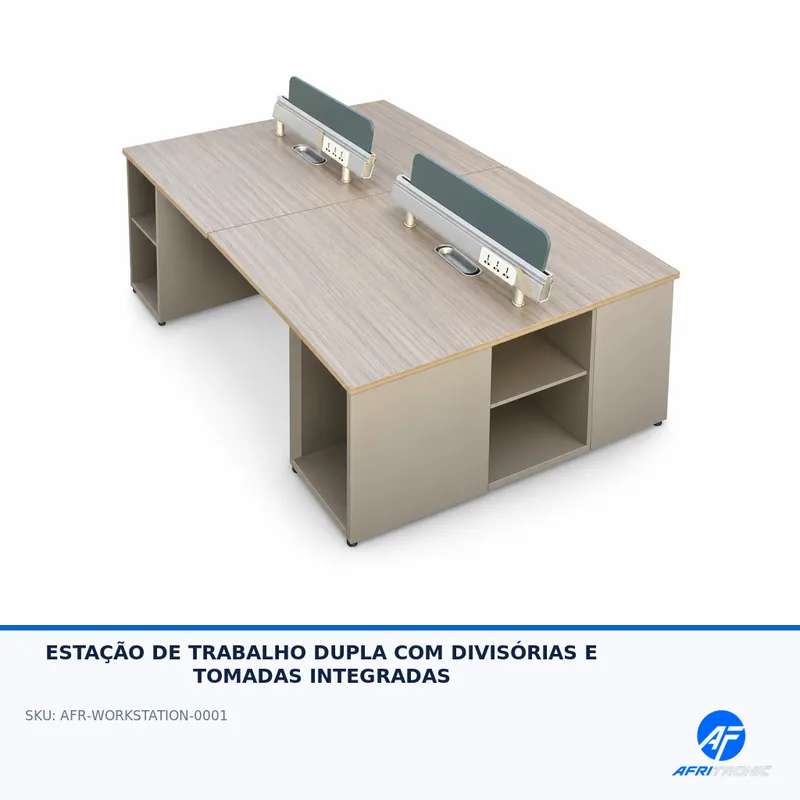 ESTAÇÃO DE TRABALHO DUPLA COM DIVISÓRIAS E TOMADAS INTEGRADAS — foto